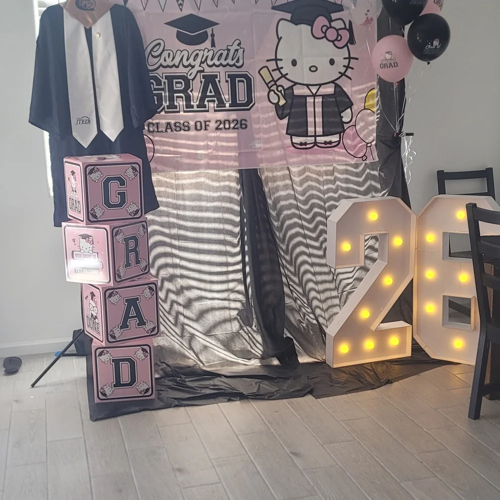 Hello Kitty Pink Graduation Photo Backdrop & Decor Set